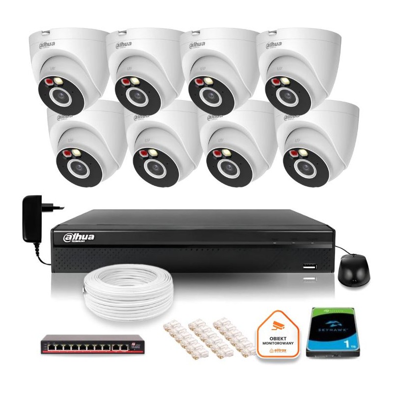Zestaw monitoringu IP Dahua 2MPx 8 Kamer zewnętrznych oświetlenie IR LED 30m