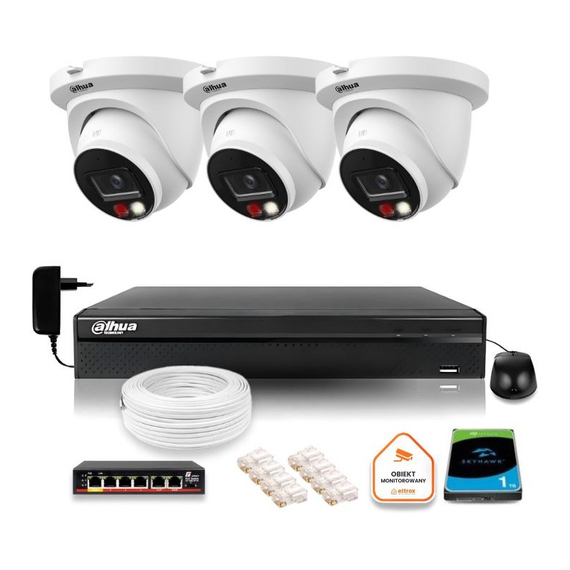 Zestaw monitoringu IP Dahua 8mpx 4K 3 kamery IPC-HDW2849TM-S-IL z dyskiem 1TB