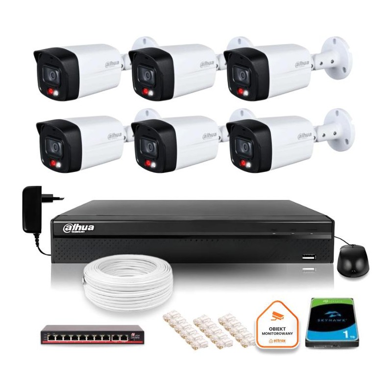 Zestaw monitoringu IP Dahua 2MPx 6 Kamer zewnętrznych Smart Dual Light IR LED 30m