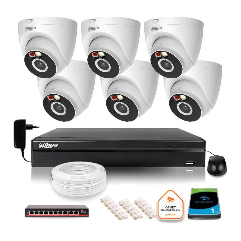 Zestaw monitoringu IP Dahua 2MPx 6 Kamer zewnętrznych oświetlenie IR LED 30m