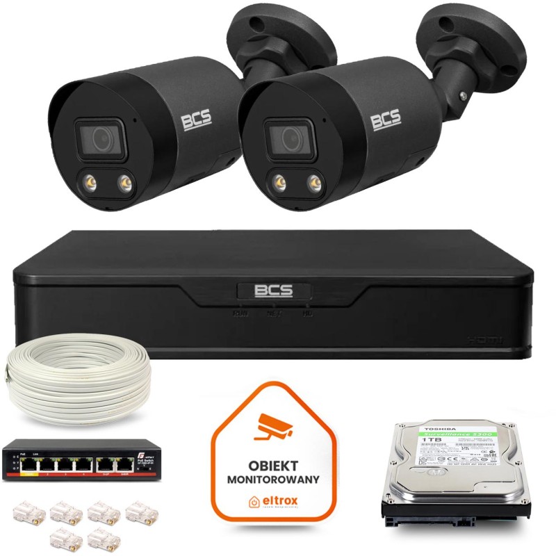 Zestaw monitoringu IP BCS Point 2x Kamera BCS-P-TIP28FWR3L2-Ai2-G Rejestrator z dyskiem
