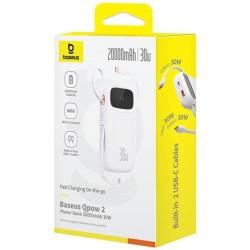 Powerbank Baseus QPow 2 10000mAh 30W z 2 wbudowanymi kablami USB-C - biały