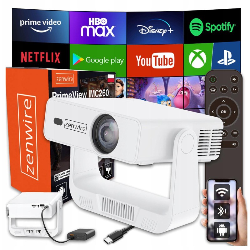 Mini Projektor Przenośny Rzutnik Android 14 WiFi 360 Full HD 4K do Telefonu Zenwire IMC260