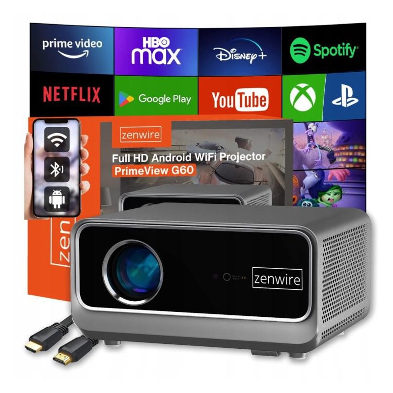 Rzutnik Android Google TV FULL HD 4K 39000lm WiFi Przenośny SMART Zenwire G60