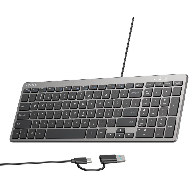 Klawiatura przewodowa Unitek SlimTap USB-C/USB-A