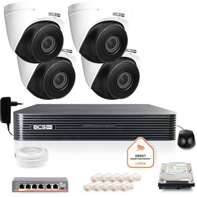 Zestaw monitoringu IP BCS Basic 4x Kamera BCS-B-EIP45VSR3(2.0) Rejestrator z dyskiem