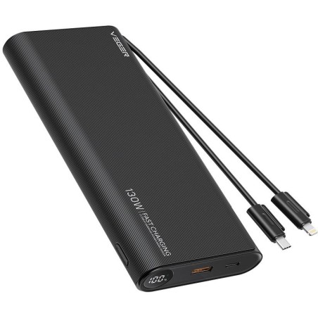 Powerbank Veger 25000 mAh 130 W PD QC 3.0 USB-A USB-C czarny z kablami USB-C i Lightning